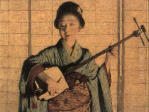 A Primrose Dame: Japanese Girl Playing A Samisen by Mortimer Luddington Menpes