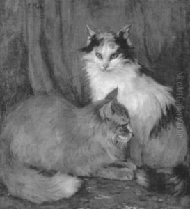 Zwei Katzen Vor Blauem Vorhang by Frieda Menshausen-Labriola