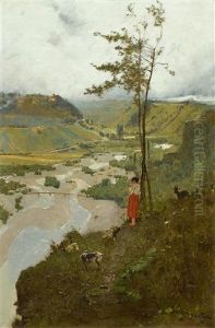 Young Shepherdess In A Landscape by Edouard (John) Menta