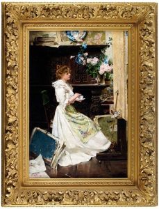 Kunstlerin Im Atelier, Bei Einer Kaffeepause Ihr Gemalde Betrachtend by Edouard (John) Menta