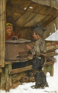 Maronistand Mit Frierendem Bauernjunge by Edouard (John) Menta