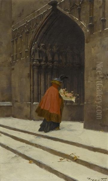 Junge Dame Am Eingang Einer Kirche - view 1