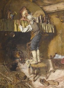Interieur Mit Bauer Beim Richten Des Pendulenzeigers