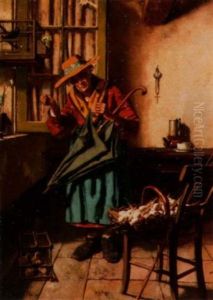 Lady Mending Umbrella In Interior With Basket Of Eggs