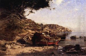 Fischerboote Am Strand In Sudlicher Kustenlandschaft by Edouard (John) Menta