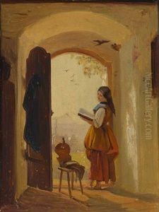 Bauernmadchen An Der Geoffneten Haustur by Max von Menz