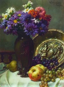 Stilleben Mit Fruchten, Blutschale Und Herbstblumenstraus Stilleben Mit Fruchten, Blutschale Und Herbstblumenstraus