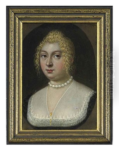 A Young Lady In Lace-bordered Decollete Black Dress With White Gauze Fichu Secured With A Gold Pin, Wearing A Pearl Necklace, Fair Curling Hair - view 1