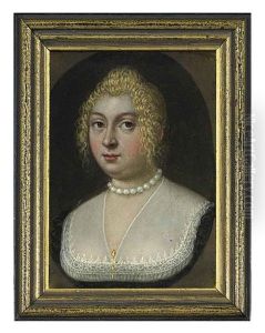 A Young Lady In Lace-bordered Decollete Black Dress With White Gauze Fichu Secured With A Gold Pin, Wearing A Pearl Necklace, Fair Curling Hair