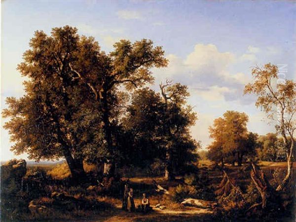 Figures Before Woodland In An Extensive Landscape - view 1
