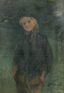 Stehender Junge Mit Schal In Schemenhafter Landschaft by Marius Jean Antonin Mercie