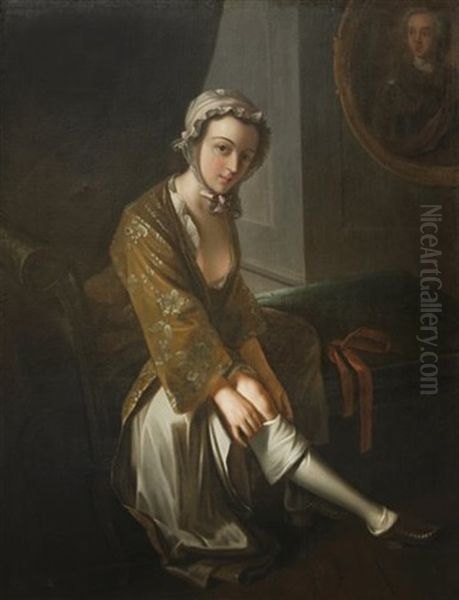 A Young Woman Taking Off Her Stocking - view 1