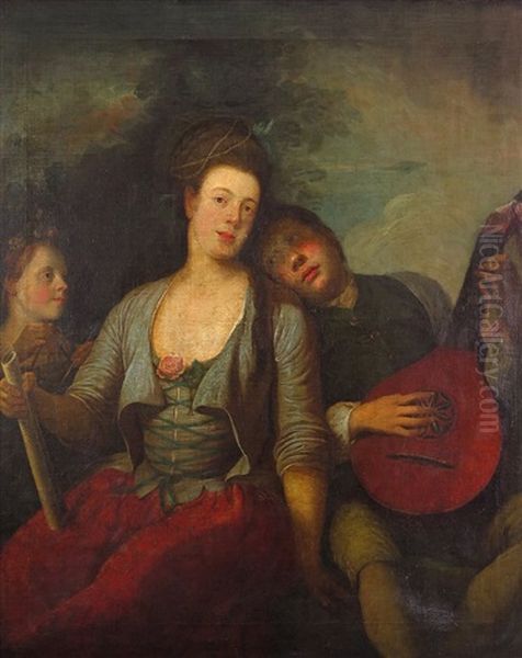 Portrait Of A Lady With A Boy Playing A Lute And A Girl Playing The Triangle by Philip Mercier