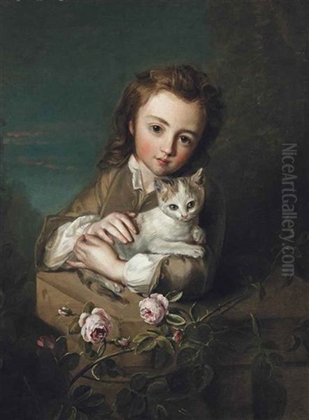 A Young Boy Holding A Kitten, In A Rose Garden - view 1