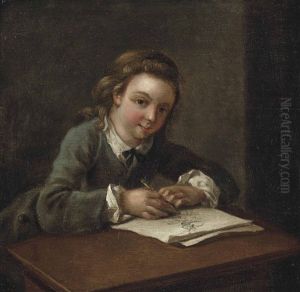 A Boy Drawing At A Desk