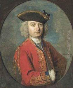 Portrait Of Louis De Jean (d.1764), Half-length, In A Red, Gold-embroidered Uniform And Tricorn Hat, In A Feigned Oval by Philip Mercier