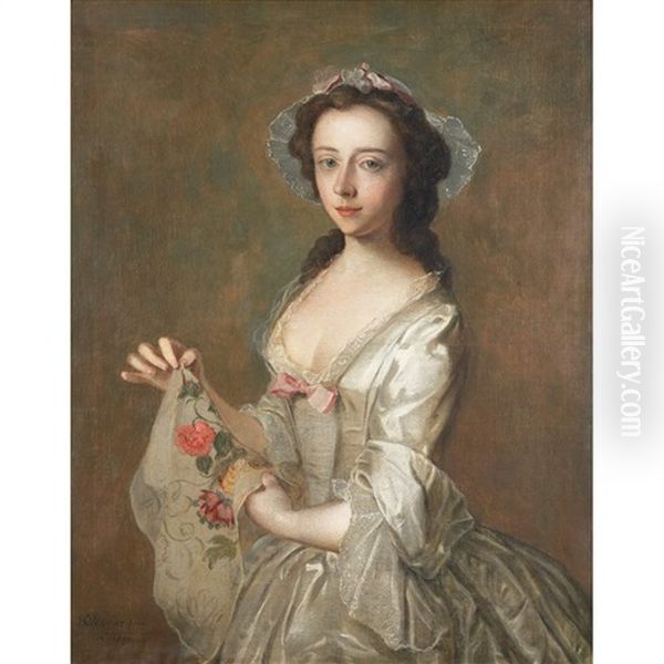 Lady Holding A Flowered Scarf - view 1
