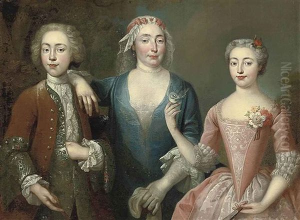 A Family Portrait Of A Mother And Her Children In A Wooded Landscape - view 1