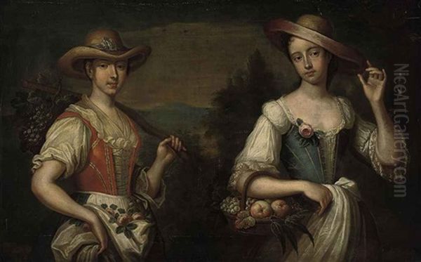 Portrait Of Two Ladies As Shepherdesses In A Landscape - view 1