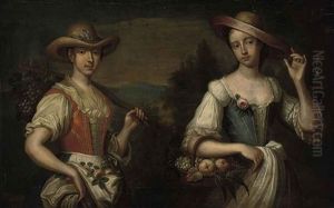 Portrait Of Two Ladies As Shepherdesses In A Landscape