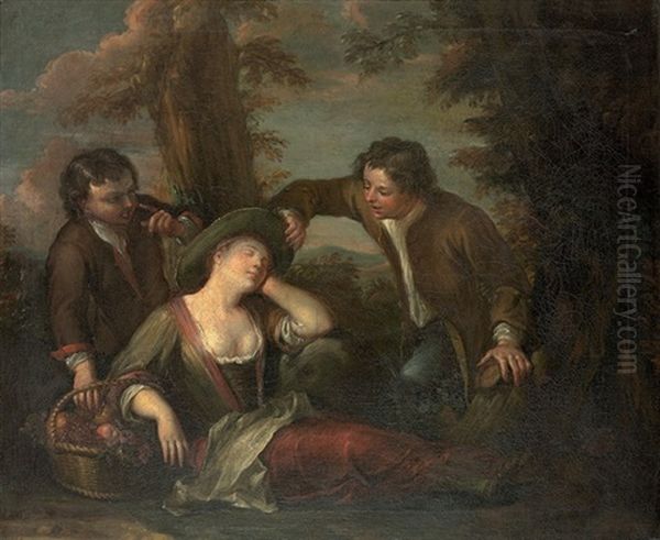A Wooded Landscape With Boys Spying On A Sleeping Maiden - view 1