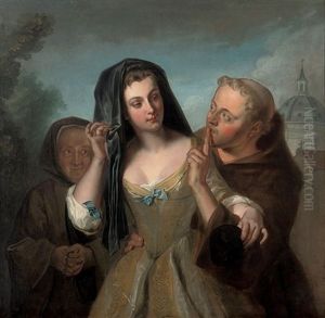 The Secret - A Young Woman, Accompanied By Her Duenna, With A Monk by Philip Mercier