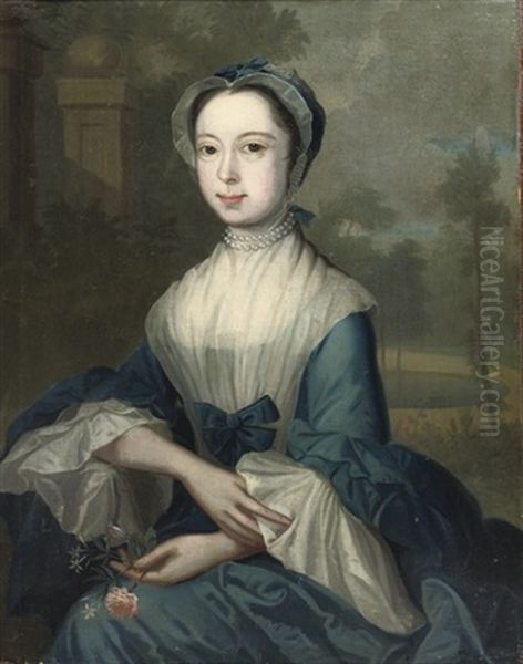 Portrait Of A Lady In A Blue Dress Holding Flowers, A Park Landscape With A Pond Beyond - view 1