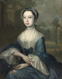 Portrait Of A Lady In A Blue Dress Holding Flowers, A Park Landscape With A Pond Beyond by Philip Mercier