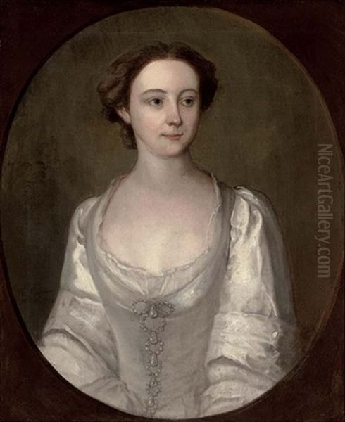 Portrait Of A Lady In An Oyster Satin Dress With Pearls - view 1