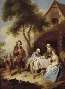 Minstrels Performing For A Couple At A Table Outside An Inn