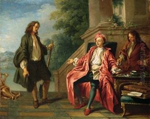 A Gentleman Taking Tea On A Terrace And Conversing With A Gardener