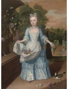 Portrait Of A Young Girl In A Blue Dress, Holding An Apron Containing Flowers, And A Sprig Of Narcissi In Her Left Hand, A Country House Beyond by Philip Mercier