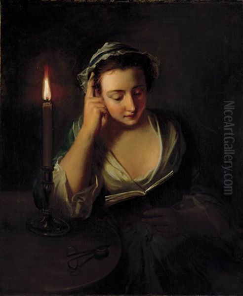 A Young Girl Reading By Candlelight - view 1