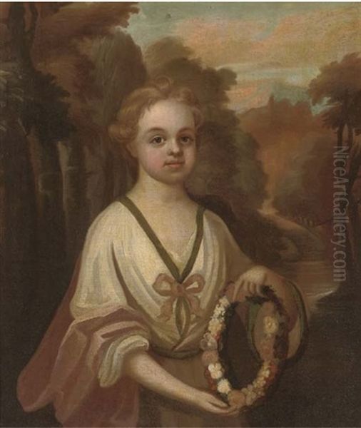 Portrait Of A Young Girl, Full-length, In A Blue Dress, Holding An Apron Containing Flowers, And A Sprig Of Narcissi In Her Left Hand, A Country House Beyond - view 1