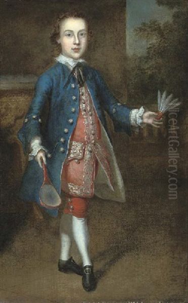 Portrait Of A Young Boy, Full-length, In A Blue Coat And Red Waistcoat And Breeches, Holding A Battledore Racket In His Right Hand And A Shuttlecock In His Left - view 1