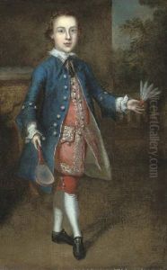 Portrait Of A Young Boy, Full-length, In A Blue Coat And Red Waistcoat And Breeches, Holding A Battledore Racket In His Right Hand And A Shuttlecock In His Left by Philip Mercier