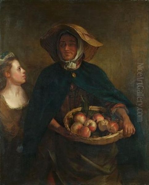 An Elderly Lady Holding A Basket Of Peaches With A Young Girl Looking On - view 1