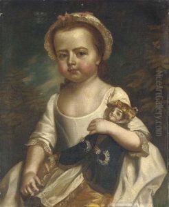 Portrait Of A Young Girl In A White Dress And Lace Cap, Holding A Doll by Philip Mercier