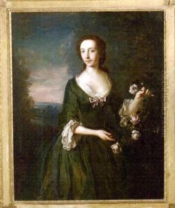 Portrait Of Mrs. Hamilton Gordon Of Newhailes In A Green Dress With White Fichu, In A Landscape by Philip Mercier
