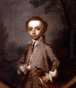 Portrait Of A Young Boy In A Grey Coat, A Fawn By His Side (+ Portrait Of A Young Lady In A Blue Dress With Lace Trim, Resting A Basket Of Flowers Over Her Right Arm; Pair) by Philip Mercier
