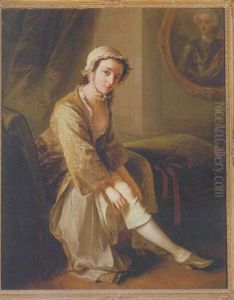 A Young Woman In A Fawn Dress, Seated On A Chaise Longue In An Interior, Removing Her Right Stocking, An Oval Portrait Of A Gentleman (the Young Pretender?) On The Wall Beyond