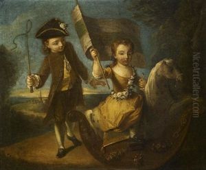 Double Portrait Of A Girl And A Boy, He In A Green Suit, She In A Yellow Dress, On A Rocking Horse, Holding A Flag