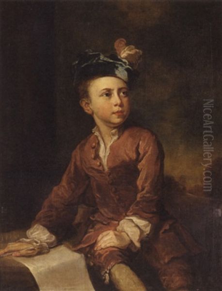 Portrait Of A Young Man In A Red Suit And Blue Cap, Seated By A Column In A Wooded Landscape - view 1