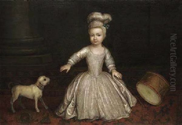 Portrait Of A Young Child In A White Dress With A Dog And Drum Beside A Column, In An Interior - view 1