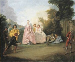 A Wooded Landscape With Elegant Company Playing Bowls, A Country House Beyond by Philip Mercier
