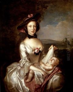 Portrait Of A Lady (elizabeth, Wife Of Robert Boyd Of Castle Law?) Seated In A Landscape, Holding A Baby, Wearing A White Satin Dress