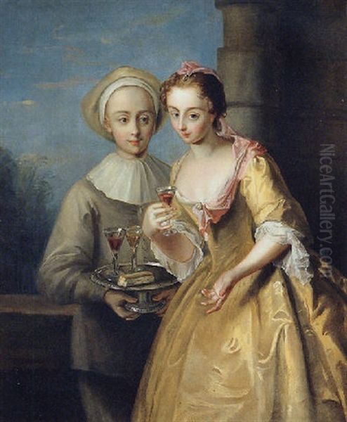 An Allegory Of Taste: A Young Woman Taking A Glass Of Wine From A Tazza Held By A Young Man Dressed As Pierrot - view 1