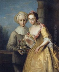 An Allegory Of Taste: A Young Woman Taking A Glass Of Wine From A Tazza Held By A Young Man Dressed As Pierrot by Philip Mercier