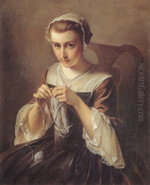 Portrait Of A Young Girl Knitting - view 1