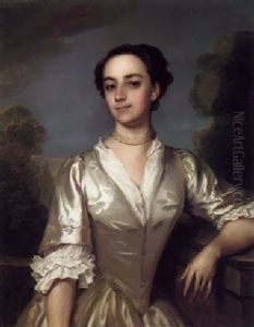 Portrait Of Susanna Barnes Wearing A Silver Silk Dress, With A Landscape Beyond